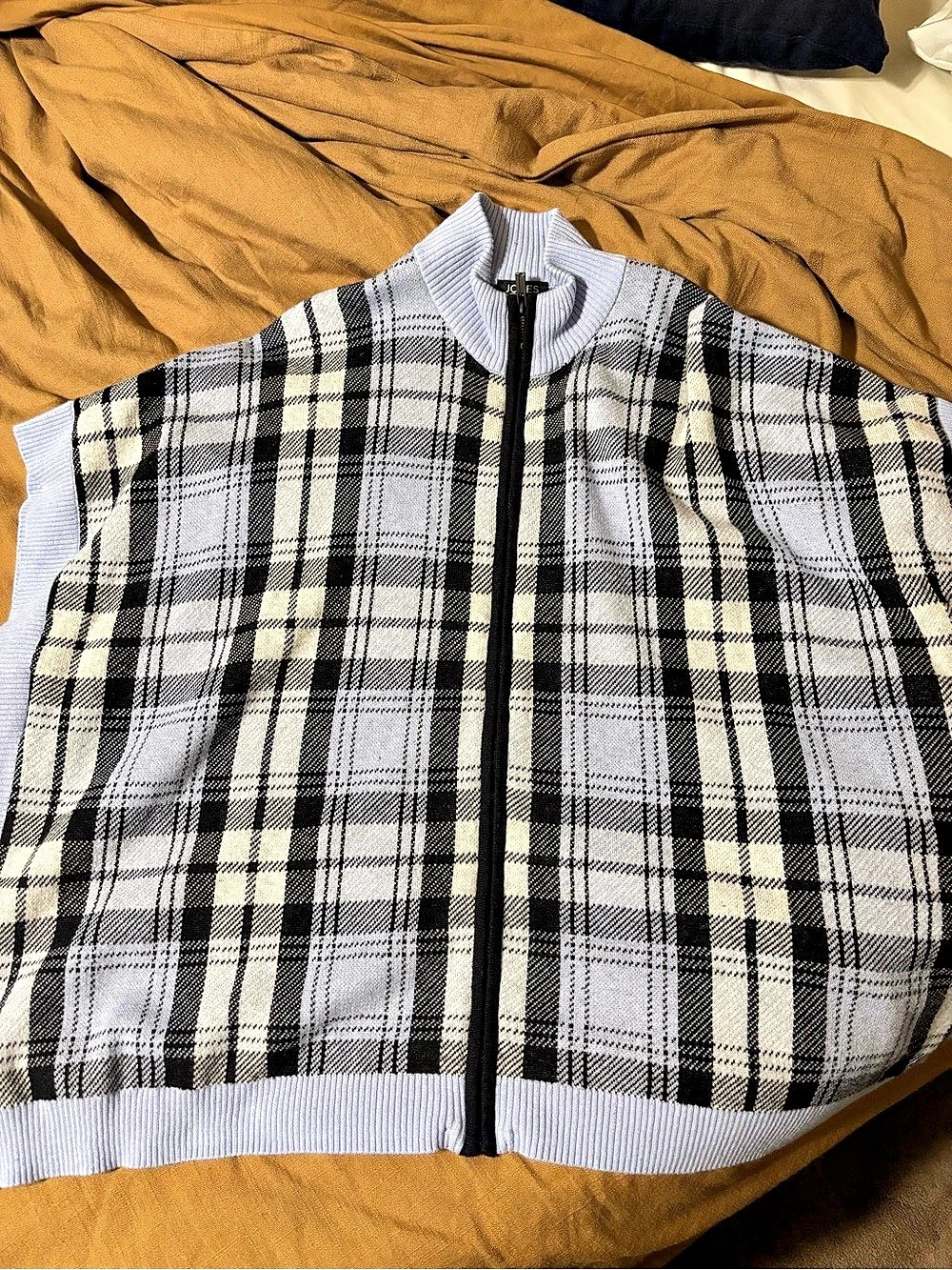 Jones New York Plaid Full Zip Poncho Sweater Light Blue & Black